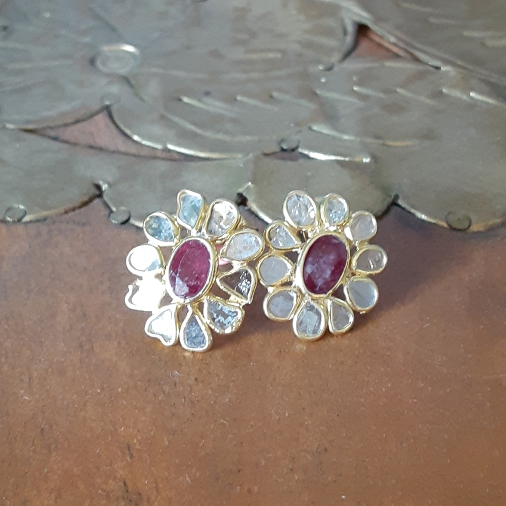 Ruby & Tanzanite Polki diamond studs. - Picture 3 of 6